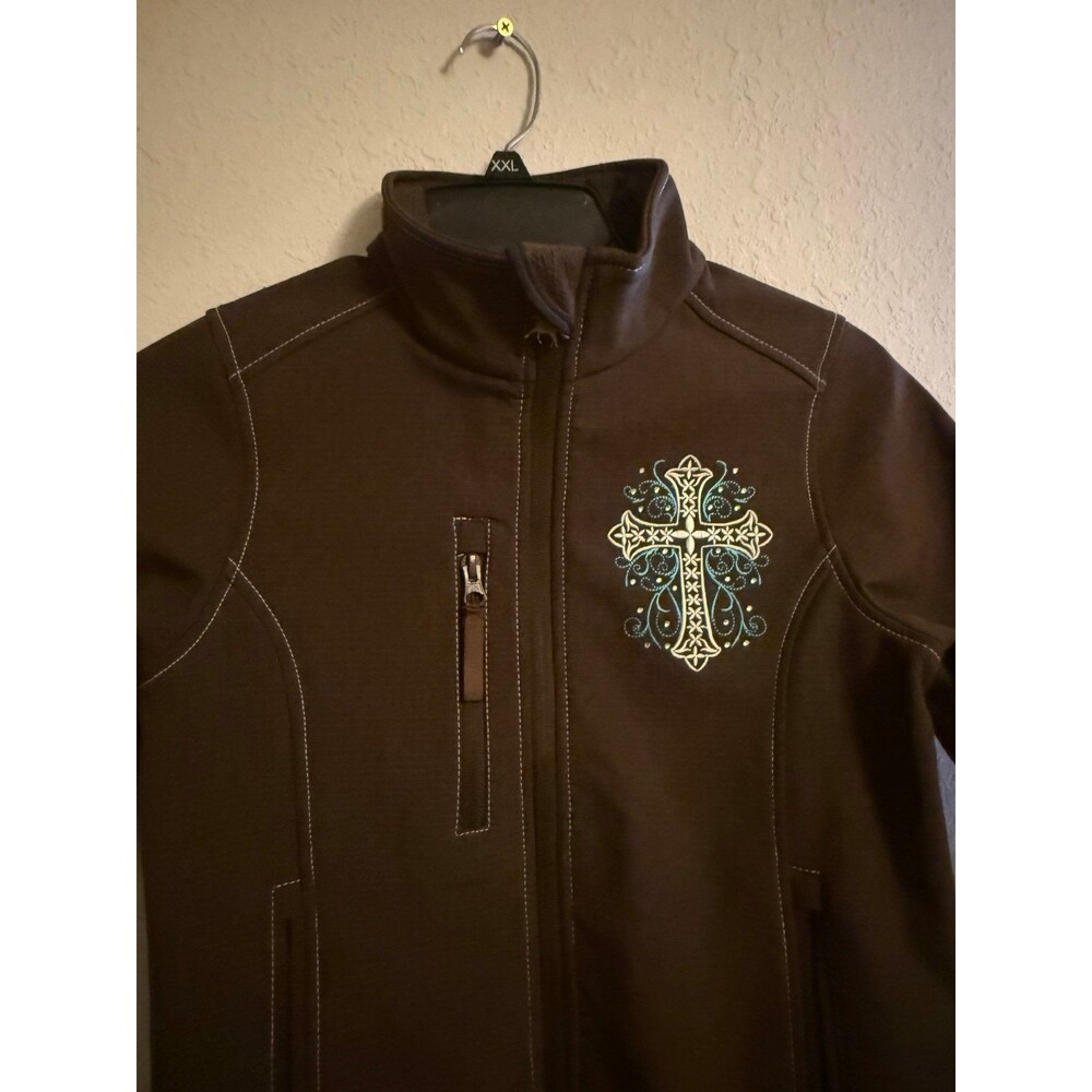 Cowgirl Hardware Girls 7/8 Jacket Brown Western Cross Embroidered Softshell - Picture 2 of 9